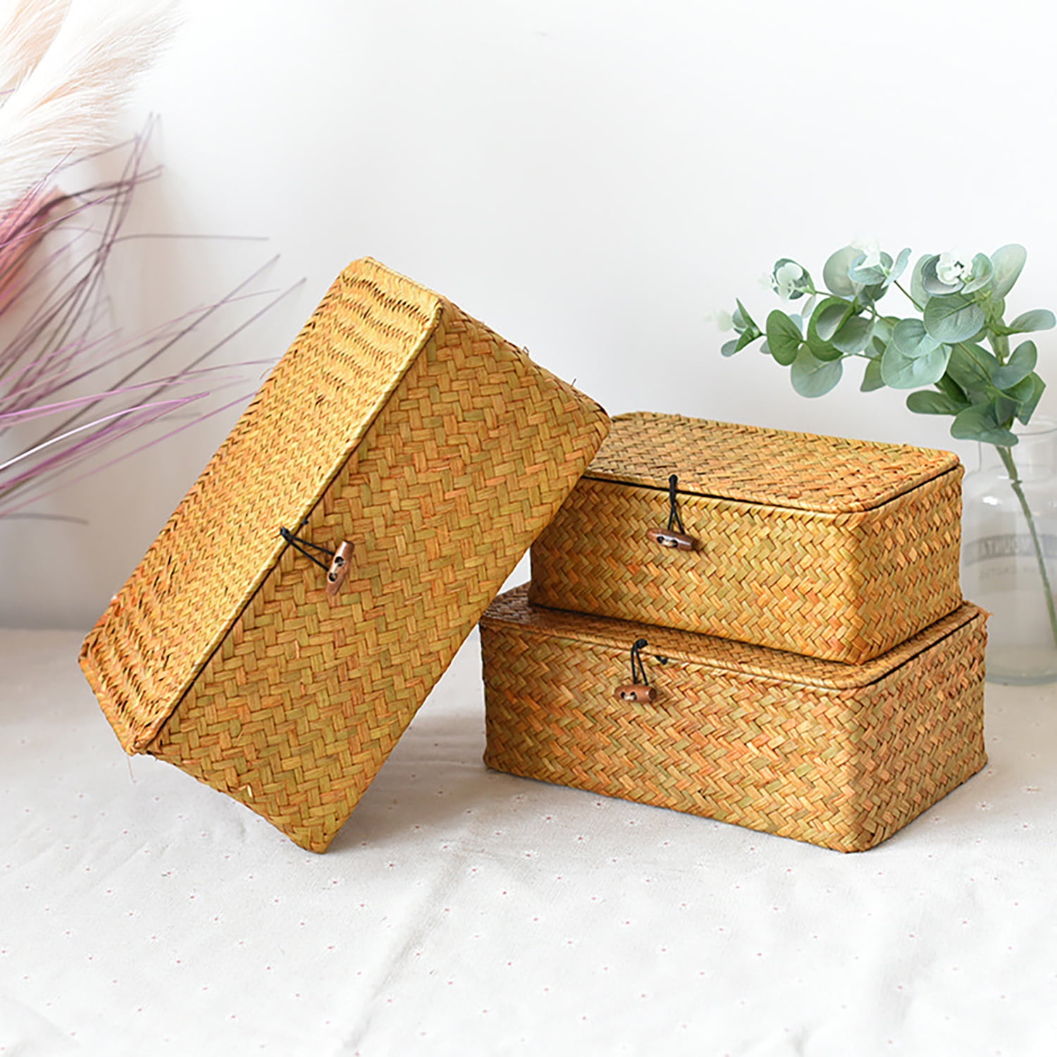 Asunby 3-Piece Wicker Storage Basket Set with Lids, Woven Rattan Baskets for Shelves, Stackable Seagrass Storage Bins for Laundry and Organization