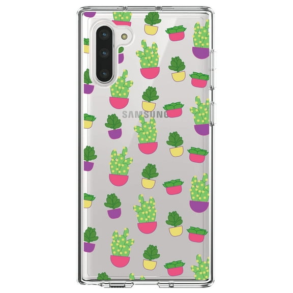 DistinctInk Clear Shockproof Hybrid Case for Samsung Galaxy Note 10 (6.3" Screen) - TPU Bumper, Acrylic Back, Tempered Glass Screen Protector - Succulents / Cacti