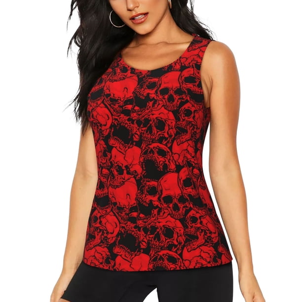 Balery Red Skulls 3 Camiseta sin mangas estampada ligera para mujer, tops de entrenamiento sin mangas, camisetas de yoga transpirables de secado rápido.-Medium