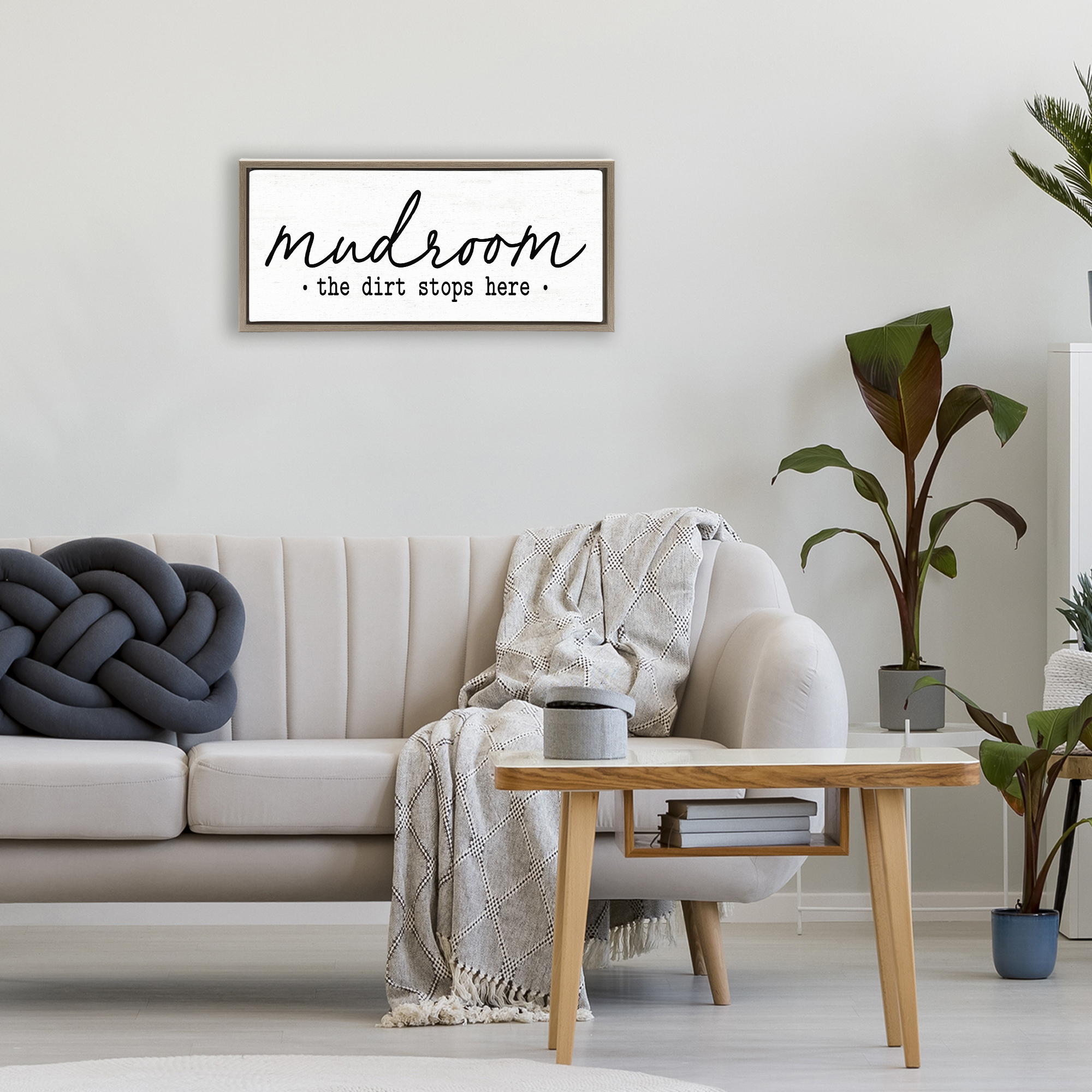 Mudroom Script Dirt Stops Here Brown Framed Floater Canvas Wall Art, design by Lettered and Lined