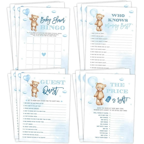 Boy Baby Shower Games, Can Bearly Wait Blue Sky Bingo, Find The Guest, The Price is Right, Who Knows Mommy Best, 25 Games Each