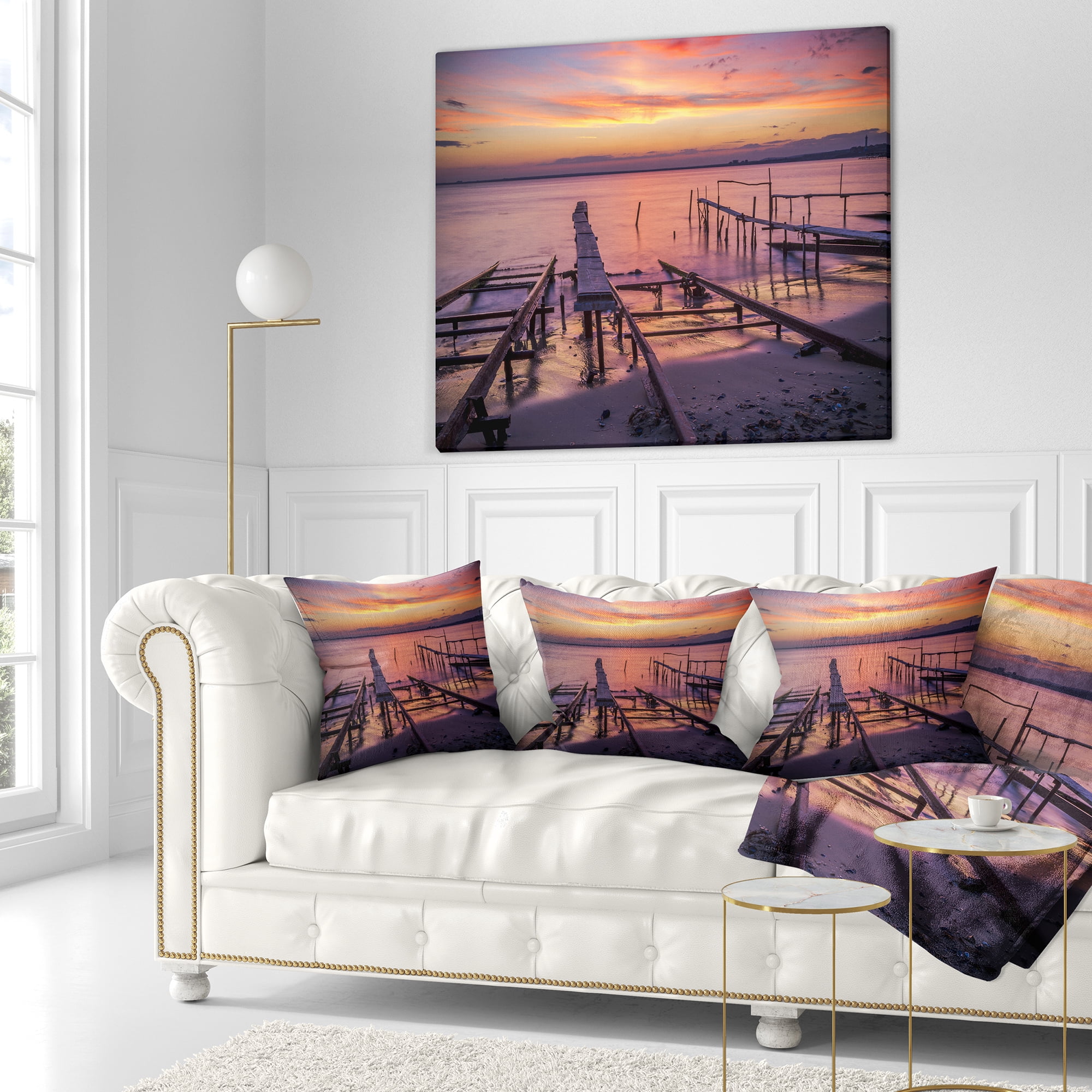 Designart Fishing Pier in Sea at Sunset - Seashore Throw Pillow - 18x18