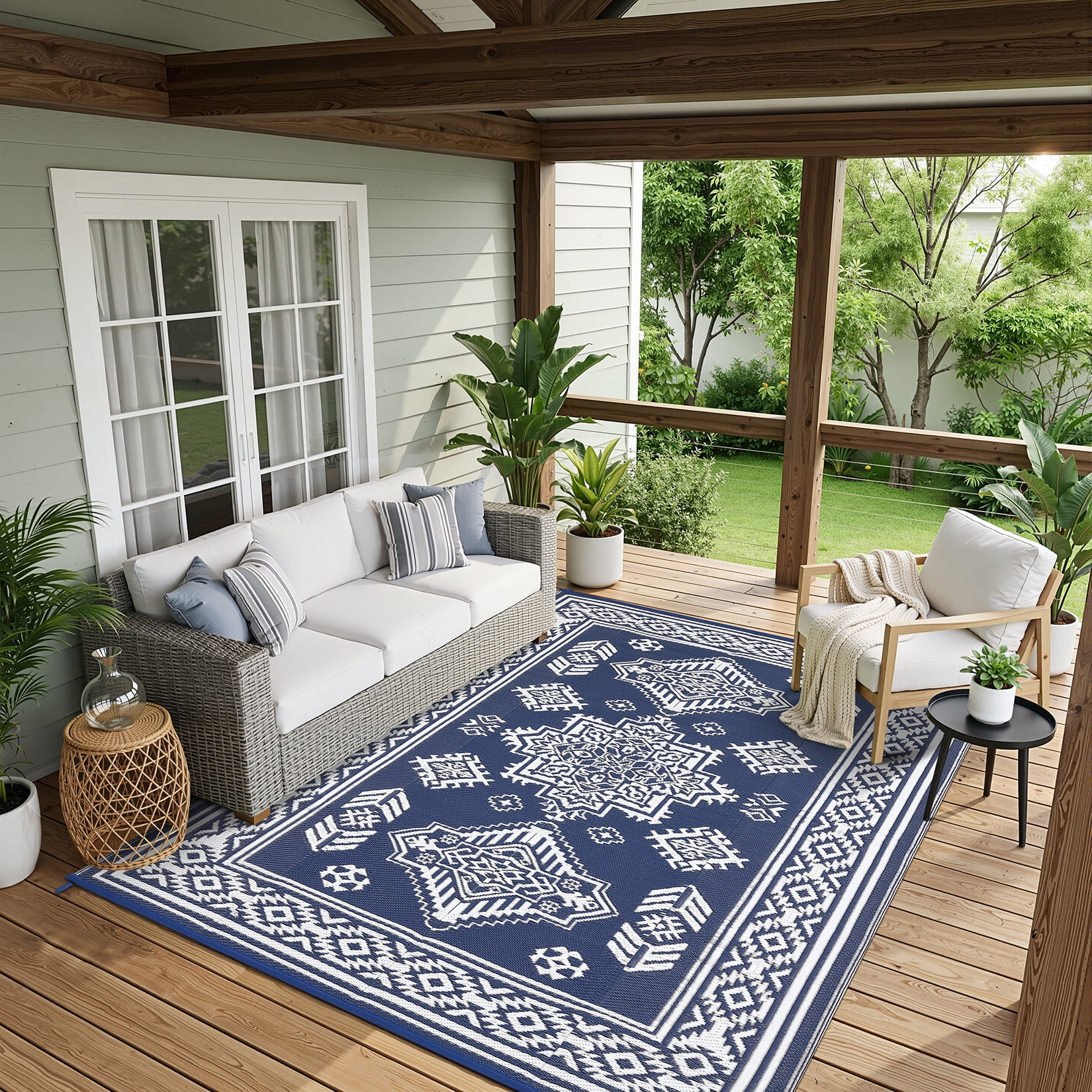 Nanan 9'x18' Indoor Outdoor Rug Boho Waterproof Plastic Straw Patio Rug, Reversible RV Camping Carpet for Backyard, RV, Deck, Porch, Balcony, Dark Blue