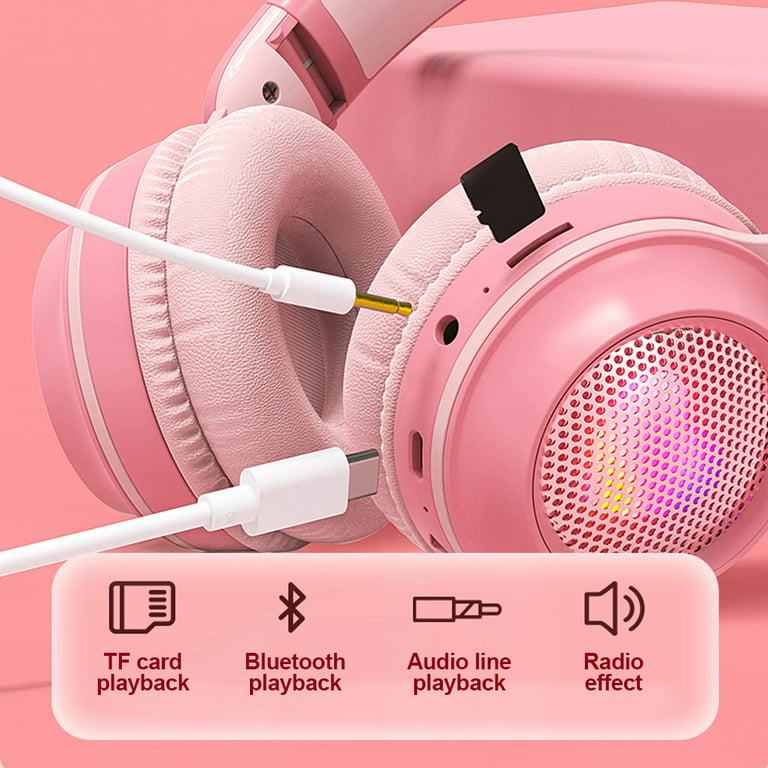 Wireless Earphones Rgb With Rabbit Ears Headset Mic Cute Girls Music  Bluetooth