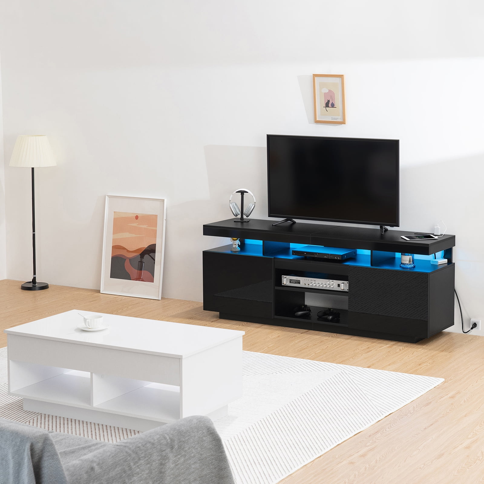 Modern TV Stand for TVs up to 70" with Charing Station & LED Lights Wood TV Cabinet Media Console for PS5 Gaming LED Entertainment Center