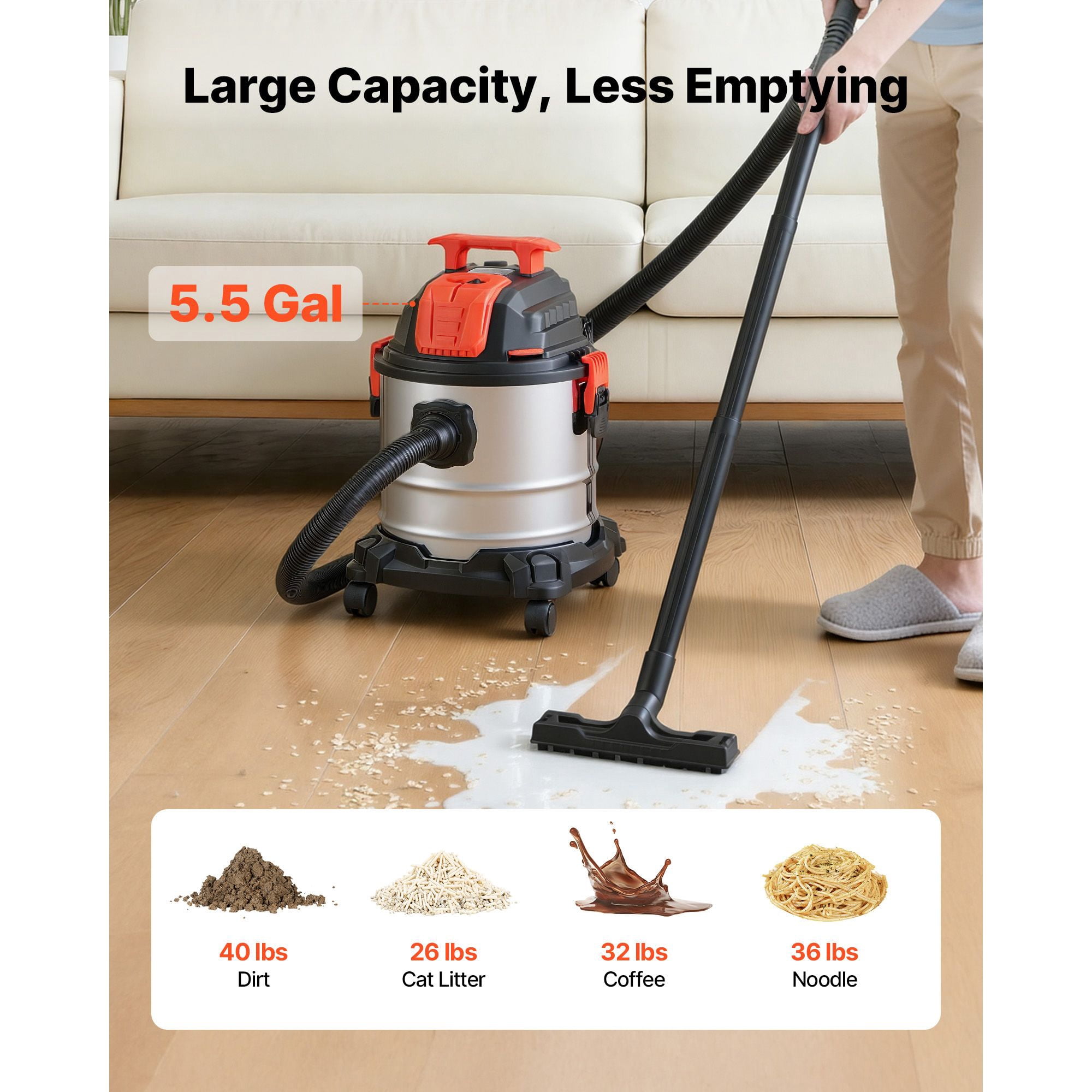 Shop Vac, 5.8 Gallon Wet Dry Shop Vacuum, 4 Peak HP with One-Button Self-Cleaning, Dual-Filter, 900W Input Power, 1.25in x 7ft Hose, 9.8ft Cord, Metal Tank for Jobsite, Workshop, Garage, Home