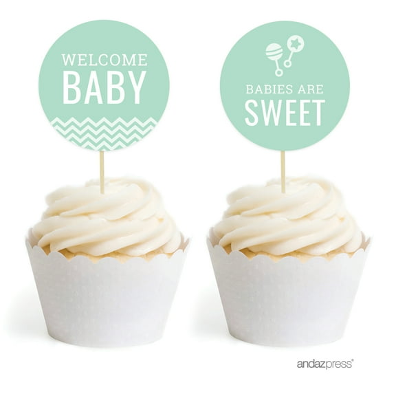 Koyal Wholesale Mint Green Chevron Cupcake Toppers DIY Kit, 20-Pack
