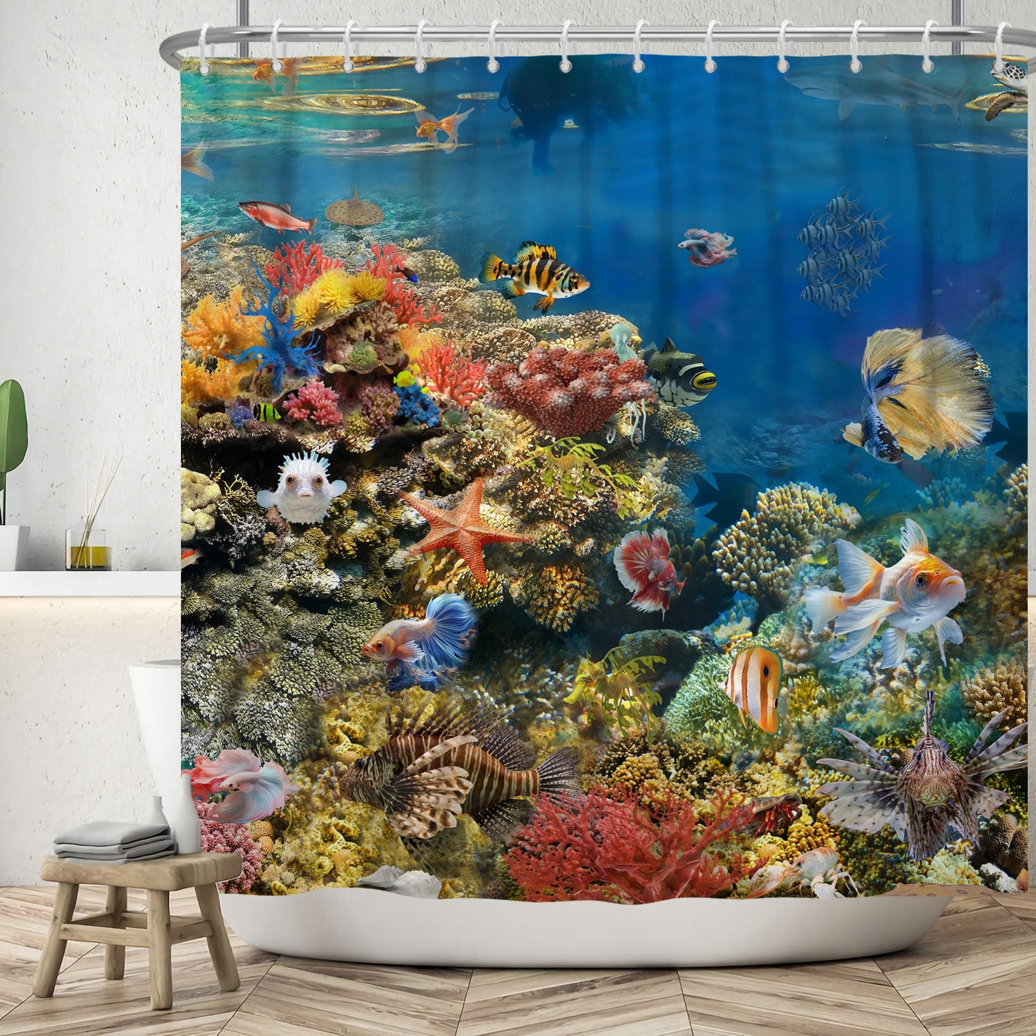 SUNOLIFE Underwater World Shower Curtain Ocean Under the Sea Fabric Bathroom Curtain with Hooks,72x72 in