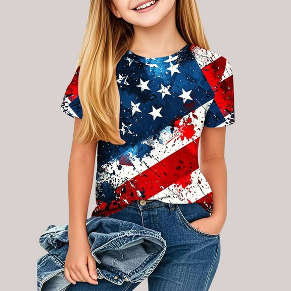 Fatuov Patriotic 4th of July T-Shirt for Kids Round Neck Summer Comfy Graphic Tee for Girls Boys USA Flag Print Short Sleeve Independence Day Clothes 4-14 Years