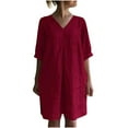 thumbnail image 2 of Elainilye Fashion Dresses for Women Summer Loose Casual V-Neck Solid Short Sleeve Dresses Cotton Linen Dress,Red, 2 of 9