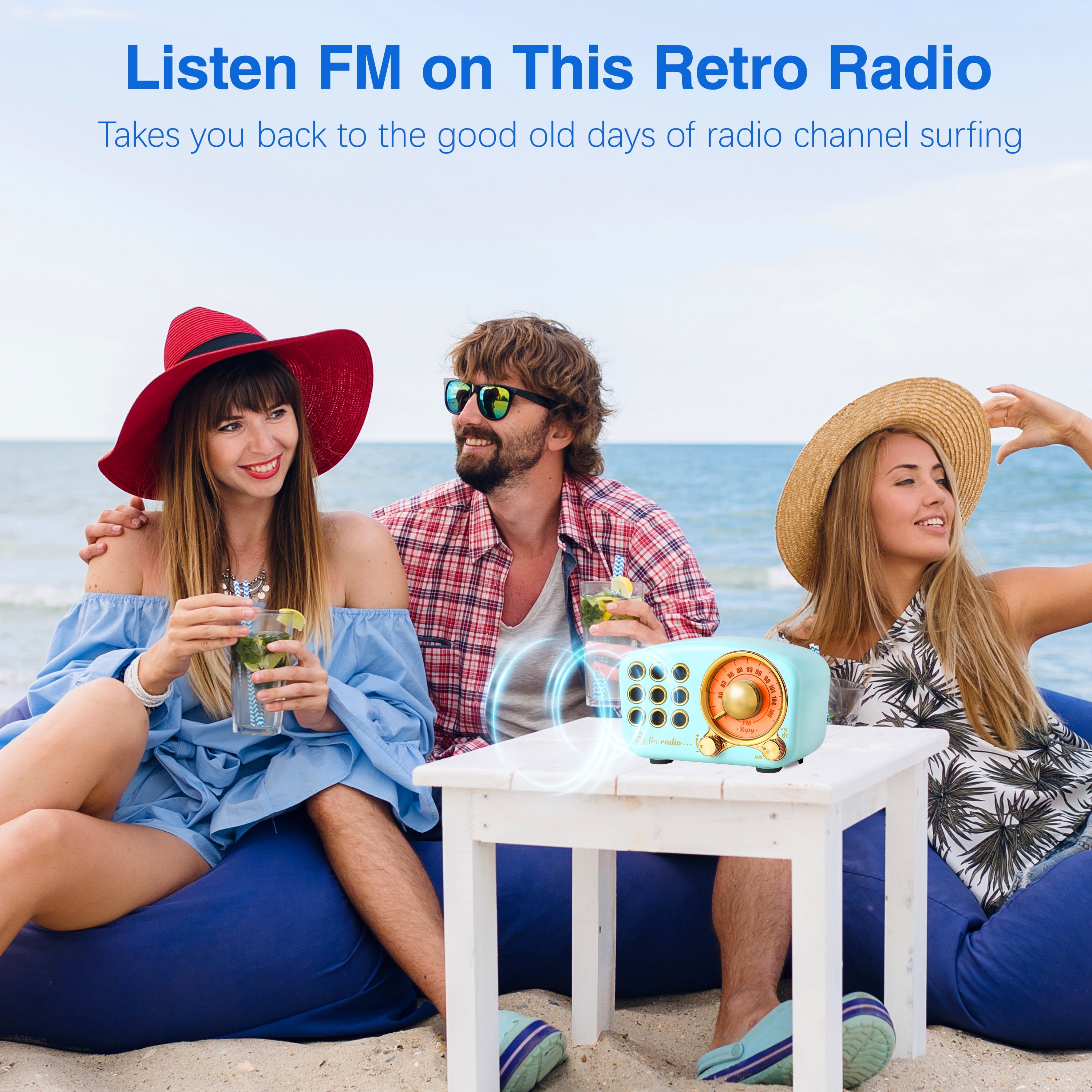Greadio 919B Bluetooth Portable Battery-Powered FM Radio with Volume Control, Little, Blue, Parties