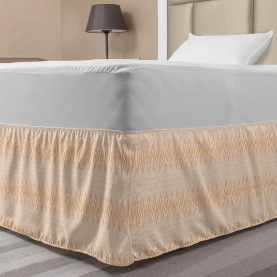 Geometric Bed Skirt, Pattern of Continuous Horizontal Zigzag Abstract Geometric Print, Elastic Bedskirt Dust Ruffle Wrap Around for Bedding Decor, 4 Sizes, Champagne and White, by Ambesonne