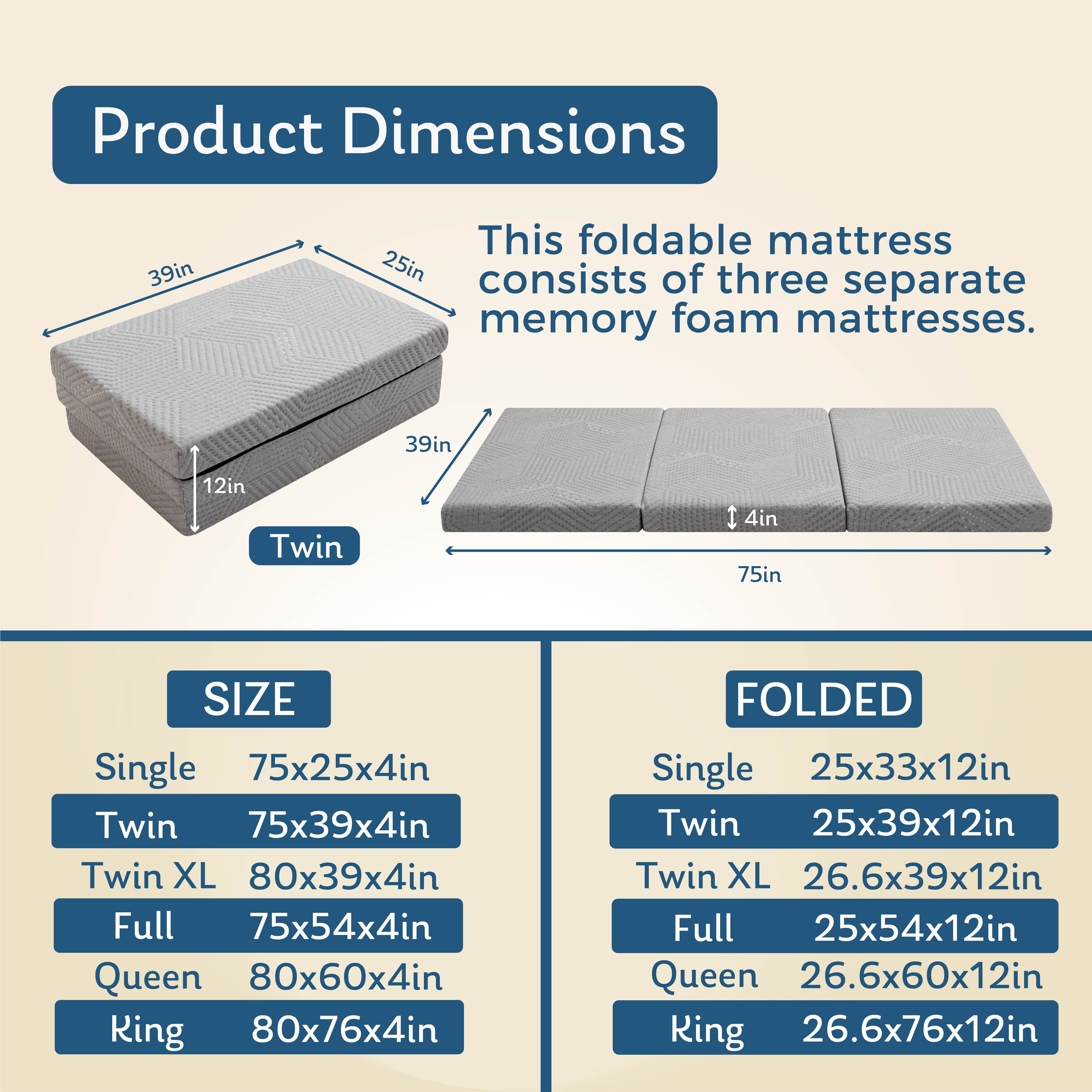 EGOHOME 4 inch Tri Folding Memory Foam Mattress Topper, Single Size Portable Foldable Floor Bed with Washable Cover