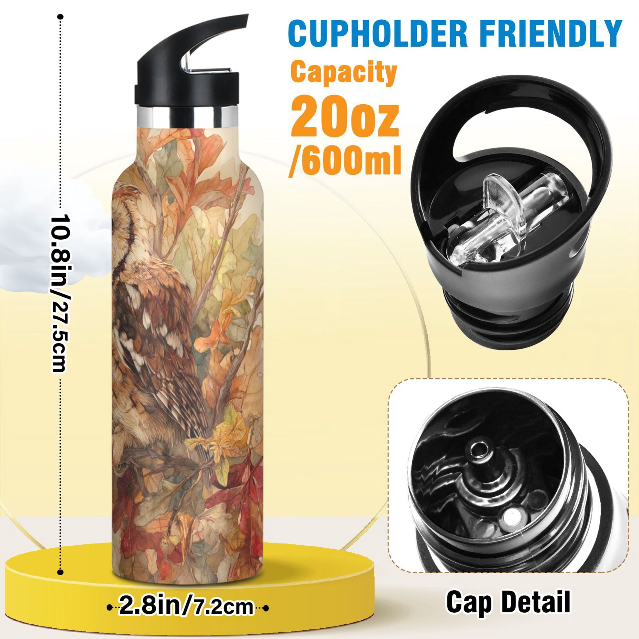 Kids Insulated Stainless Steel Sports Water Bottle 600ml Owl and Branch