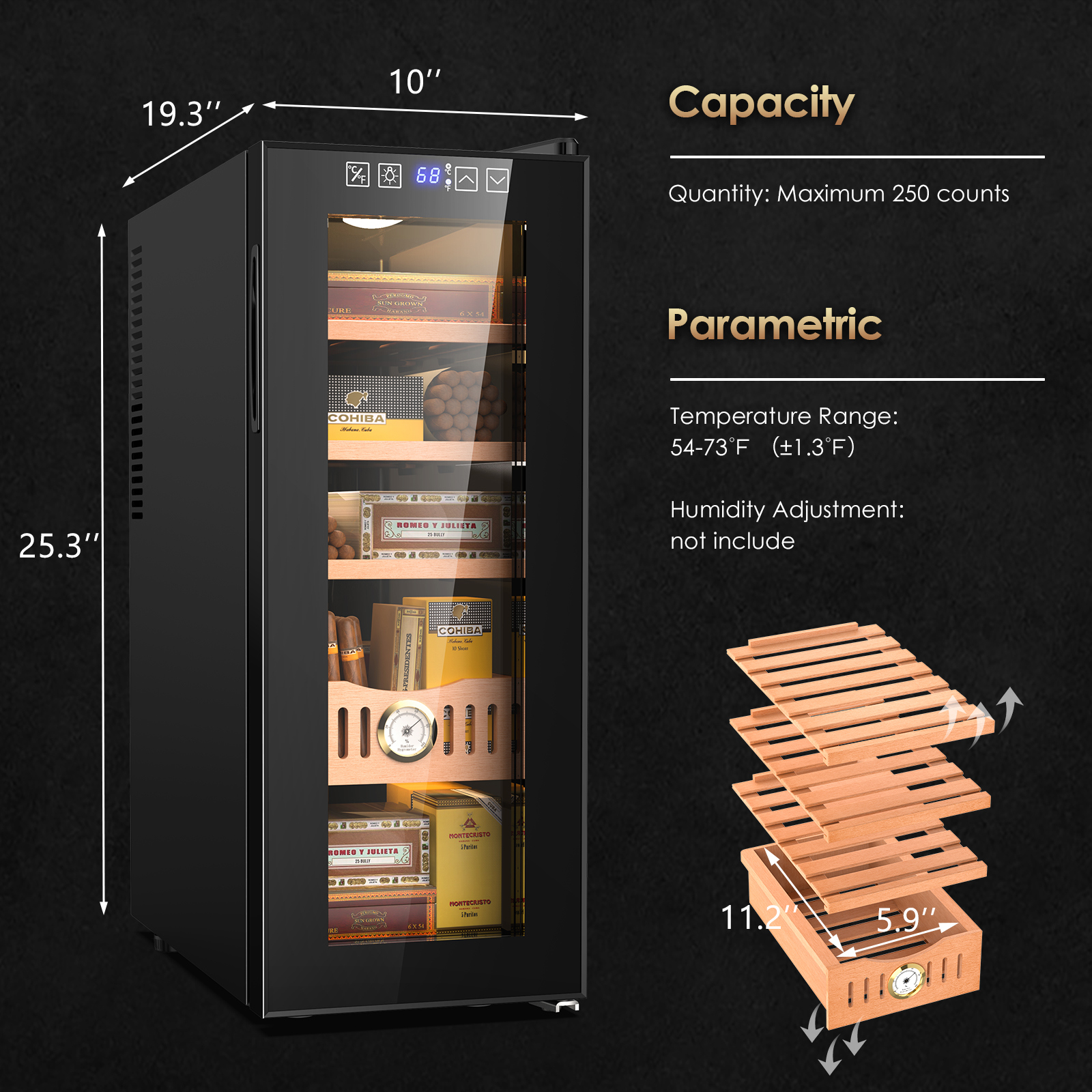 Joreek 35L Electric Cigar Humidor Cooling and Heating Control System with Spanish Cedar Wood Shelves Adjustable Electronic Cabinet, 250 Counts Large Capacity, Digital LCD Display