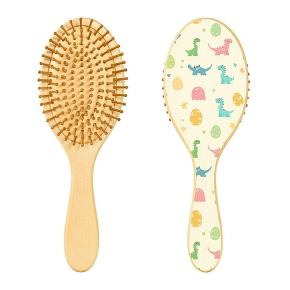 Rounded Tip Hair Brush with Rubber Cushion 9.25” Wooden Scalp Massage Comb Detangling Brush for All Hair Types Cartoon Dinosaurs and Eggs