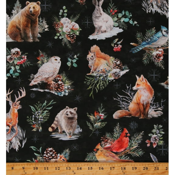 Cotton Woodland Animals Winter Tales Christmas Holidays Black Cotton Fabric Print by the Yard (W5389-A4-ANTIQUE-BLACK)