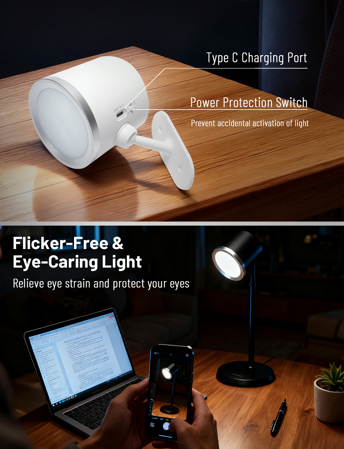 SUNLINKCO LED Desk Lamp, Magnetic Wall Mount LED Lights, 4-in-1 Rechargeable Night Light, USB Battery Powered Dimmable Cordless Table Lamp with 3 Color Modes, Reading Lighting for Bedroom, Work