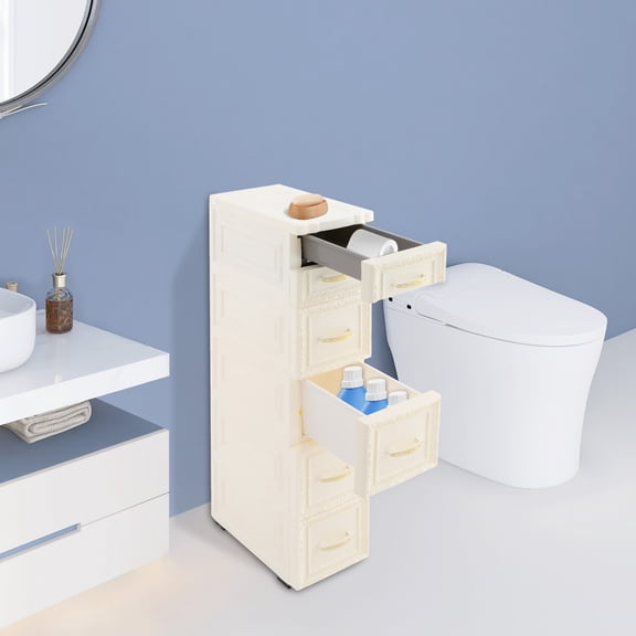 5 Tiers Storage Organizer,Narrow Storage Cabinet w/ Wheels,Slim Storage Cabinet
