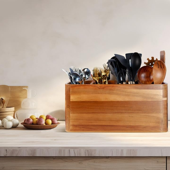 Wooden Utensil Holder for Counter or Countertop, Large Wooden Utensil Holder for Storage Cooking and Silverware with 4 Compartment, Acacia Rustic Wood Container Extra Large