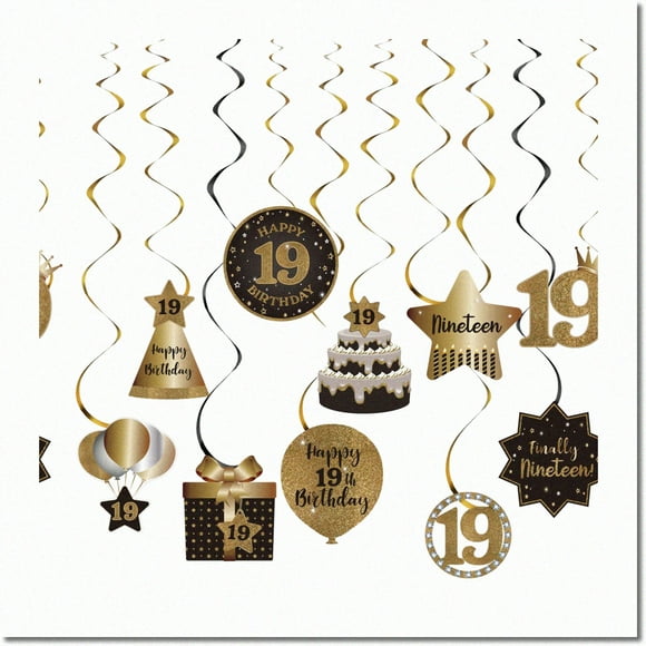 Célébrez Votre 19e Anniversaire avec Style Grâce à des « Tourbillons de Joie Dorés » - des Décorations Suspendues Vibrantes pour une Fête Mémorable en Noir et Or!
