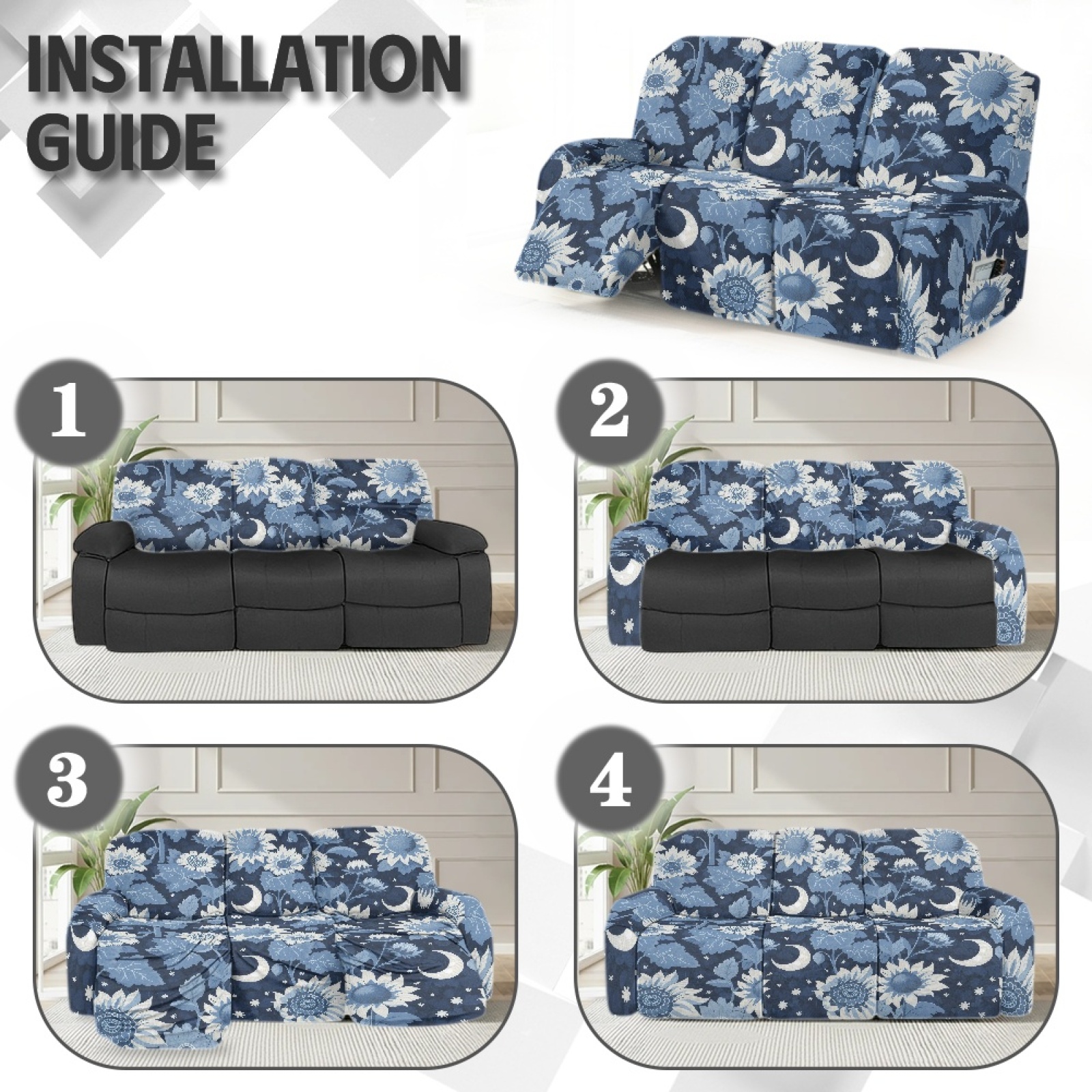 COEQINE Cover for Recliner Chair Stretch Reclining Sofa Cover 8 Pieces Recliner Cover for 3 Cushion Reclining Sofa Stay in Place Furniture Protector, Blue Floral Moon