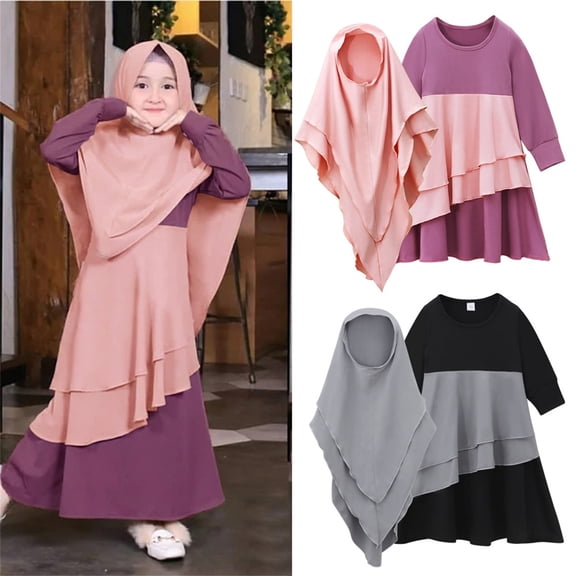 XUNKUSGA Muslim Ramadan Girls Dresses 0-10Y Fashion Color Block Long Sleeve Dubai Kaftan Cotton Soft Lightweight Maxi Dress with Hijab 2-Piece Set,Pink