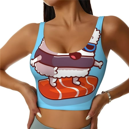 Jgfou Sushi Salmon Surfing Print Womens Sports Bra - Padded Workout Sports Bras Crop Tank Top