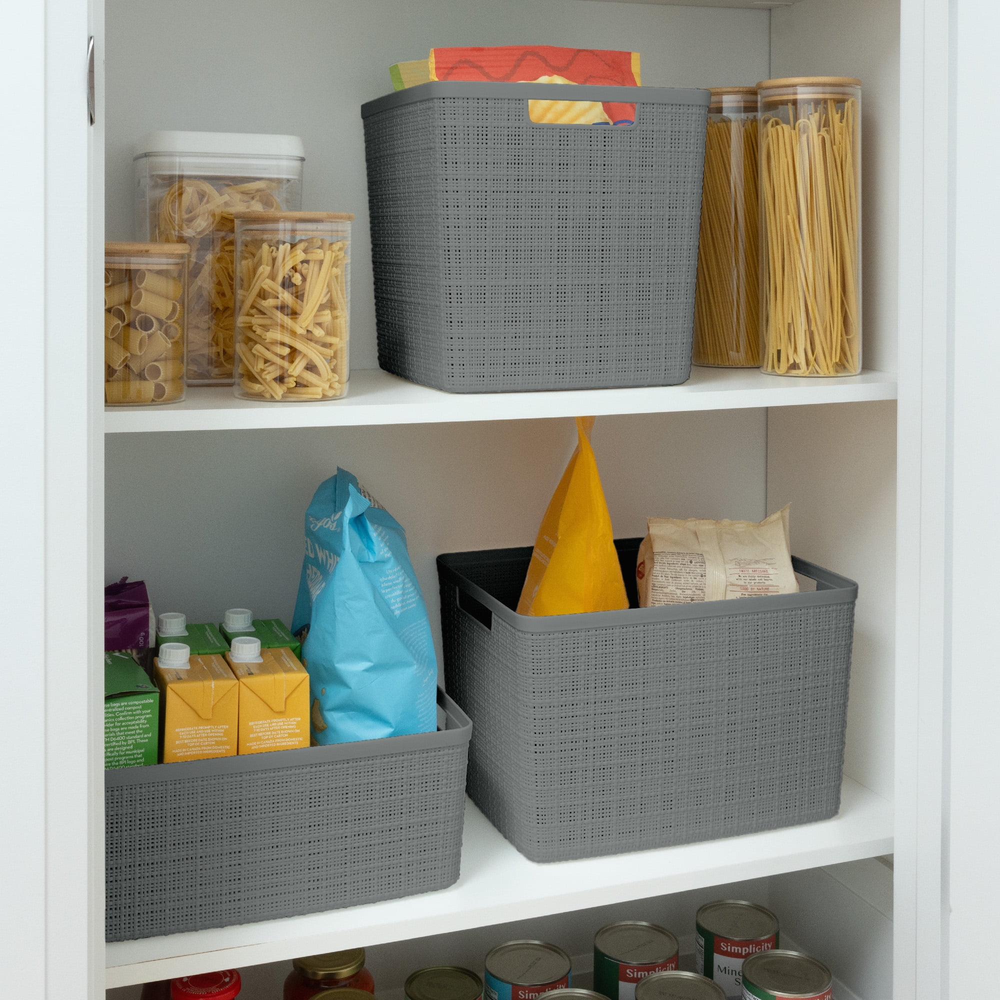 Curver Set of 4 Jute Basket Large Durable Resin Organization and Storage Basket Bin, Grey