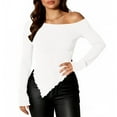 thumbnail image 1 of Women's off Shoulder Sweater Slim Fitting Ribbed Knit Shirt with Slanted Collar Irregular Hem Long Sleeve Sweater Tops White L, 1 of 7