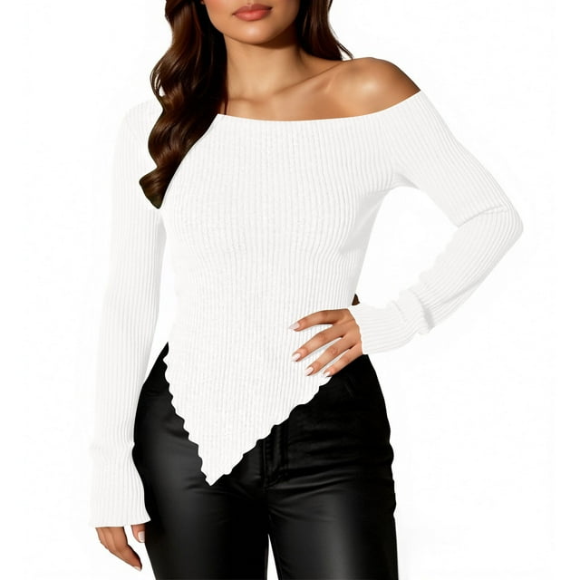 Women's off Shoulder Sweater Slim Fitting Ribbed Knit Shirt with Slanted Collar Irregular Hem Long Sleeve Sweater Tops White L