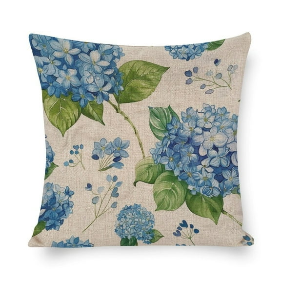 Linen Cushion Case Outdoor Home Decoration Spring Summer Holiday Blue Floral Pillows Watercolor Blue Hydrangea Flowers Throw Pillows Pillows for Couch Sofa Patio Furniture Home Decor 16"x16"