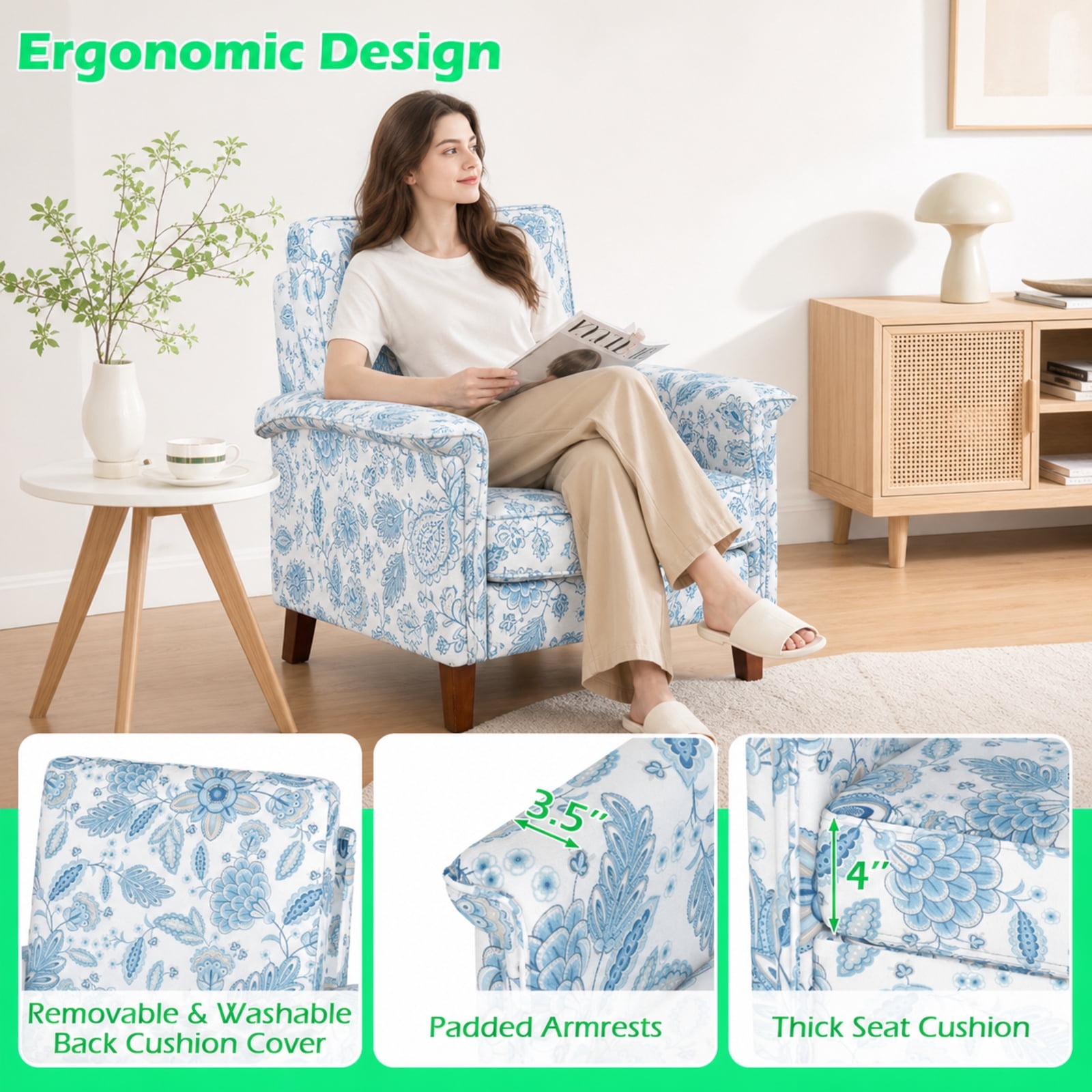 Furnibear Floral Accent Chair Farmhouse Boho Armchair with Solid Wood Legs and High Back for Living Room Bedroom Reading Nook Accent Lounge Home, Blue