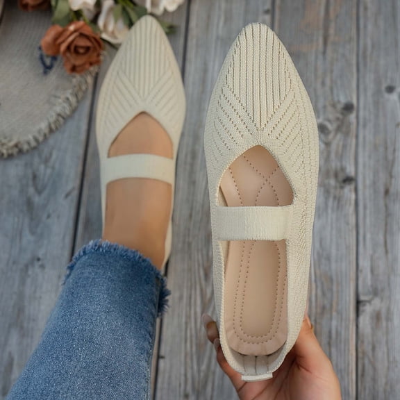 absuyy Womens Knit Mary Jane Flats Breathable Lightweight Comfortable Pointed Toe Slip On Casual Work Flats Beige,Size 5.5