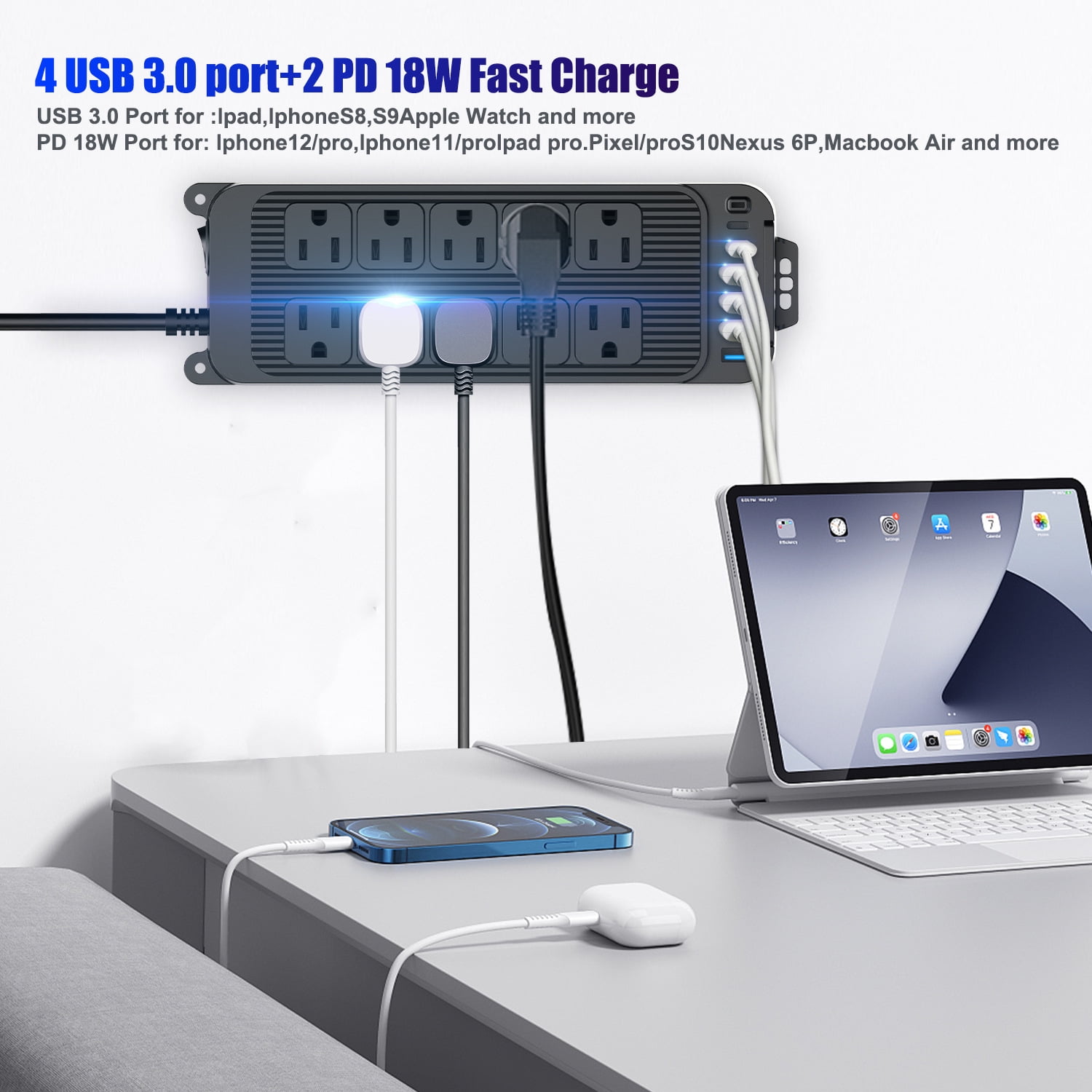 16-in-1 Surge Protector Power Strip with 10 Outlets & 6 USB Ports (2 USB-C), 4ft Thin Flat Extension Cord for Home, Office, TravelHome, Office, Travel