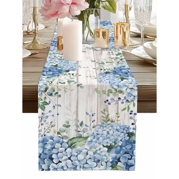 Table Runner Blue Hydrangea Table Runners Green Eucalyptus Leaves Wood Grain Cotton Linen Dresser Scarf Kitchen Dining Table Decor for Home Dinner Party Decor 13x36 Inch