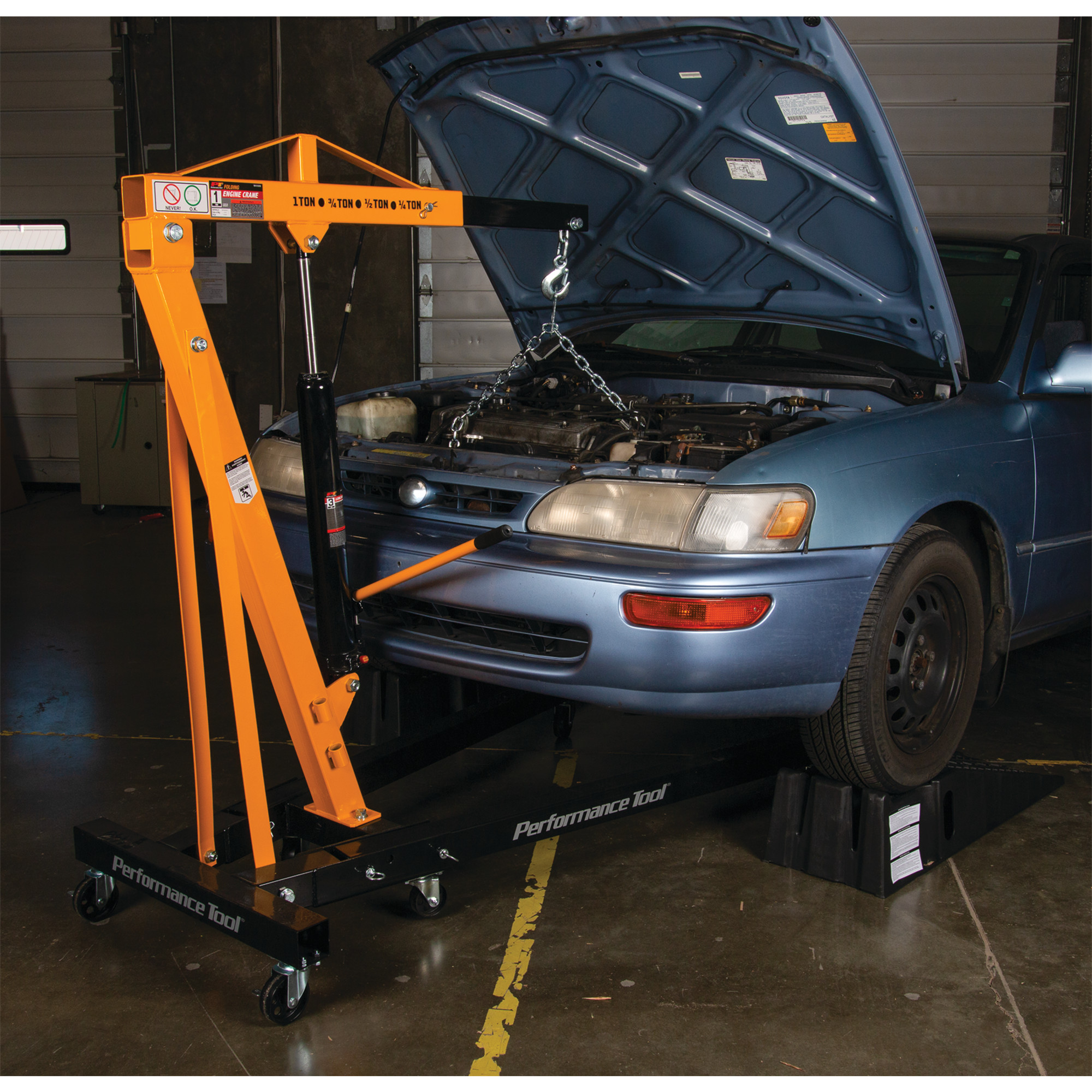 Performance Tool W41049 1-Ton Foldable Shop Crane - Fold-Up Legs, 2,000-Lb. Capacity, Load-Limiting Safety Valve, Yellow