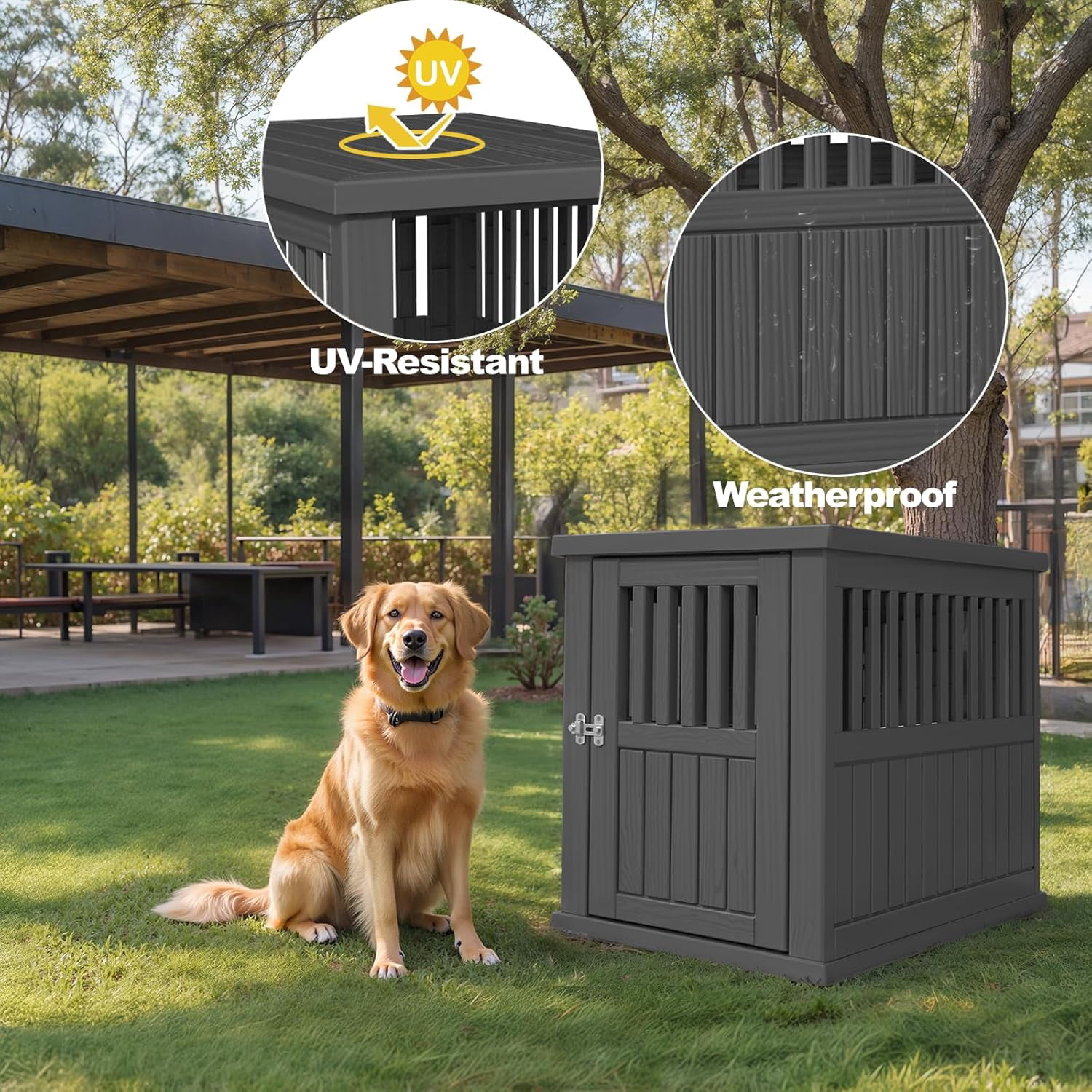 30x21x25in Industrial-Grade Resin Dog Crate for Large Dogs – Weatherproof, Ventilated, Lockable Door Tool-Free Assembly, Portable Handles, Indoor/Outdoor Kennel (Black)