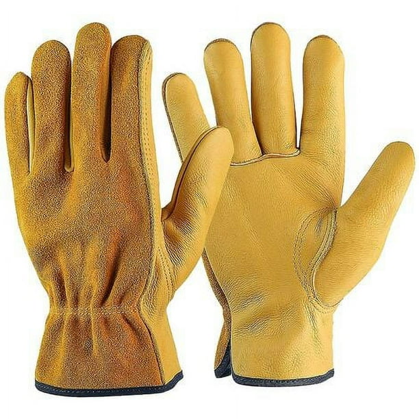 Guantes de trabajo de piel de vacuno, para conductores, bricolaje, jardinería, almacenamiento, trabajos agrícolas, multifunción (XL, amarillo)