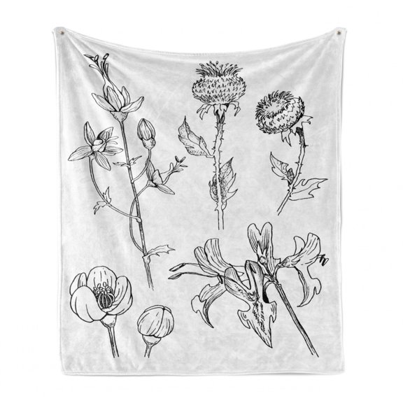 Floral Soft Flannel Fleece Blanket, Sketchy Silhouettes of Flowers Blooming Hand Drawn Inspired Bouquet Foliage, Cozy Plush for Indoor and Outdoor Use, 70" x 90", Charcoal Grey White, by Ambesonne