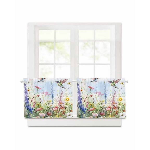 Watercolor Flower Short Blackout Curtains 24 Inch Long Hummingbird Hand-painted Flowers Bird Rod Pocket Kitchen Curtains, 2 Panels Thermal Insulated Room Darkening Drapes for Bedroom, 30"W x 24"L