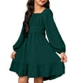 thumbnail image 4 of XIMIN Kid Girls Long Sleeve Solid Color Summer Tie Back Square Neck Lantern Sleeve Dress Tween Fall Off Shoulder Dress Loose Fit Casual Mini Dresses, 4 of 8
