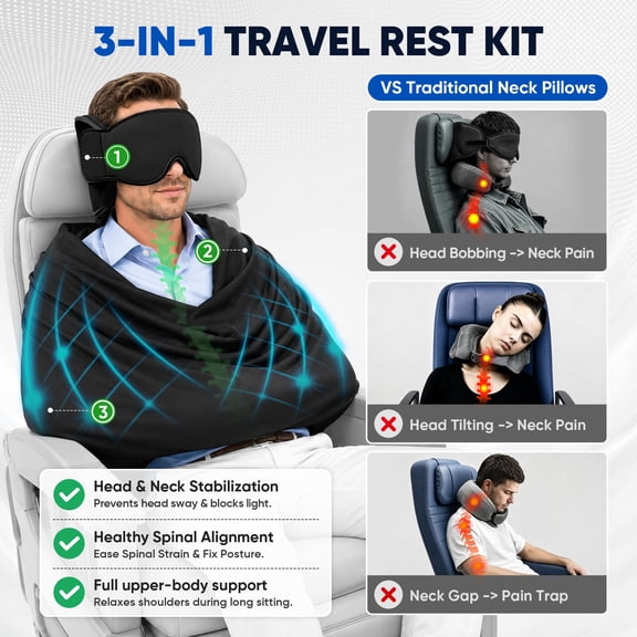 ZHIYA Avernio 3-in-1 Travel Pillow with Eye Mask & Sleep Support Strap, Ergonomic Airplane Sleep System for Neck Comfort, M Size,Black