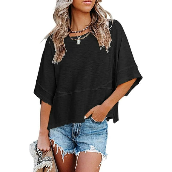 Women's Fashion Casual T Shirt Round Collar 3/4 Sleeve Plain Color Tees Summer Tops Blouses