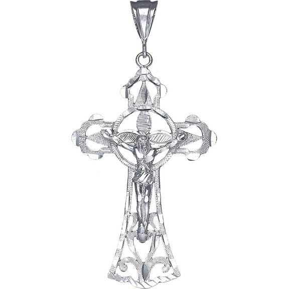 Large Sterling Silver Cross with Jesus Pendant Necklace with Diamond Cut Finish