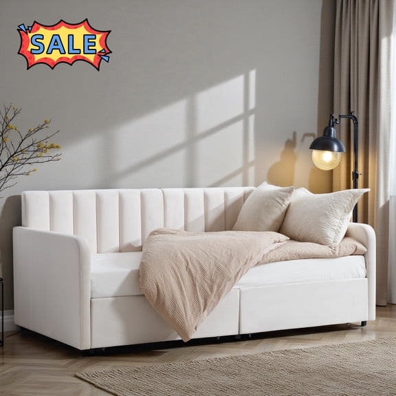 Tcbosik Twin Size Daybed with Storage Drawers, Upholstered Velvet Fabric Sofa Bed, Bed Frame for Bedroom, Guest Room, Wood Slats Support, Ivory