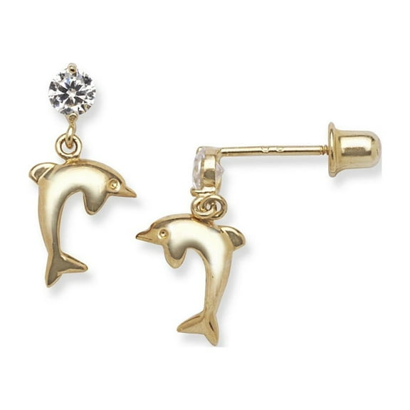 14k Yellow Gold Cubic Zirconia Dolphin Drop Screw-Back Earrings - Measures 13x7mm