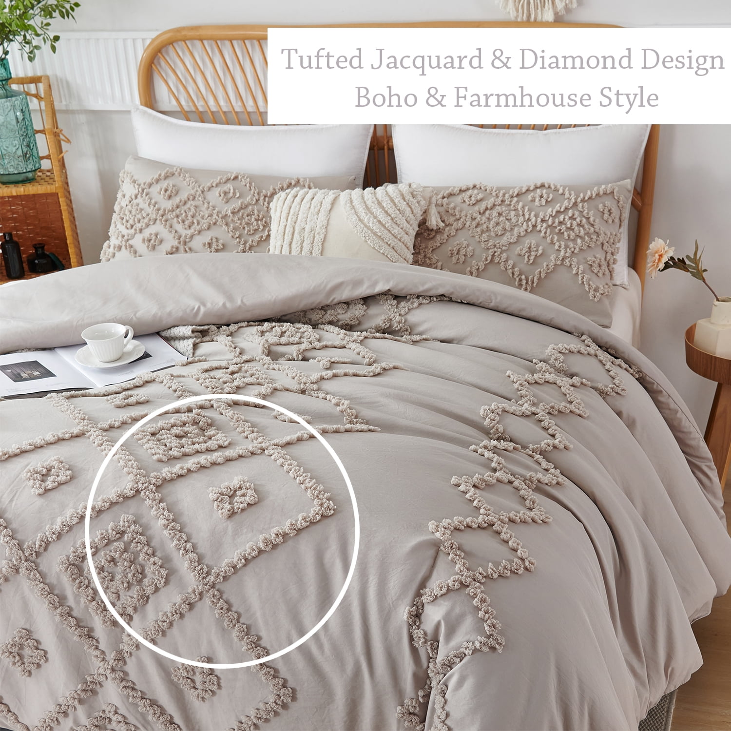 RYNGHIPY 3 Pcs Tufted Comforter Set Queen Size Gray Geometric Boho Style Bed Set Bohemian Shabby Chic Bedding Set for Girls Women Men (Queen, Grey)