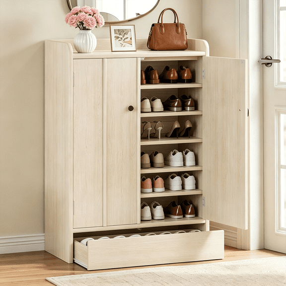 Winkalon 6-Tier Shoe Cabinet with Doors & Drawer, 20 Pairs Freestanding Wooden Shoe Rack Storage Cabinet with Adjustable Shelves for Entryway, Hallway, Closet, Natural