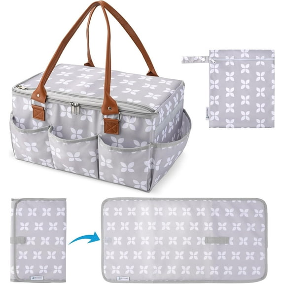 Diaper Caddy Organizer - Baby Caddy with Lid & Changing Mat, Car Diaper Caddy, Large Nursery Storage Diaper Tote Basket for Changing Table with Zip-Top Cover, Great for Baby Showers - Grey